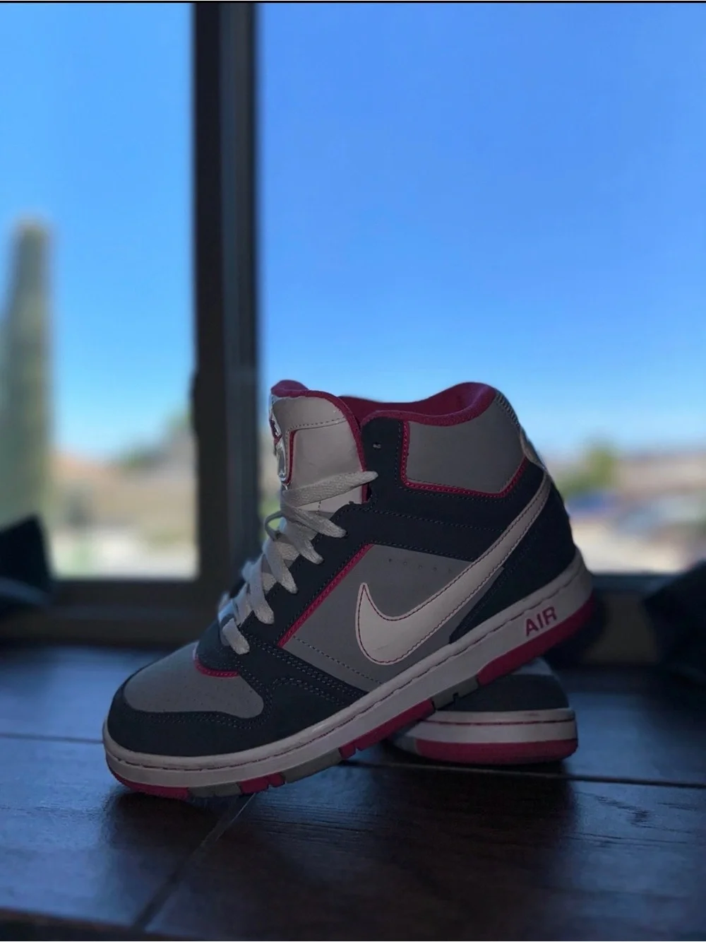 Nike High-Top Sneakers in White, Gray & Pink Accent